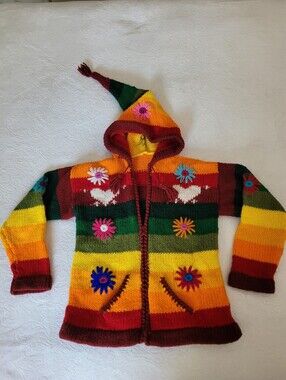 Handmade Girls Cardigan Zipper Pockets Hooded Tassels Multi Colored Size 10 Euc